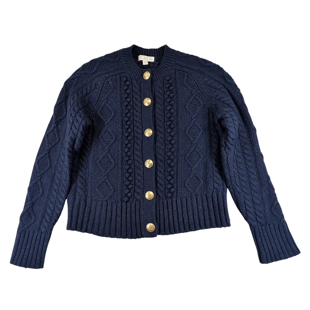 J.Crew Navy Blue Lambswool Blend Cable Knit Cardigan Gold Crest Buttons BM175 Sm